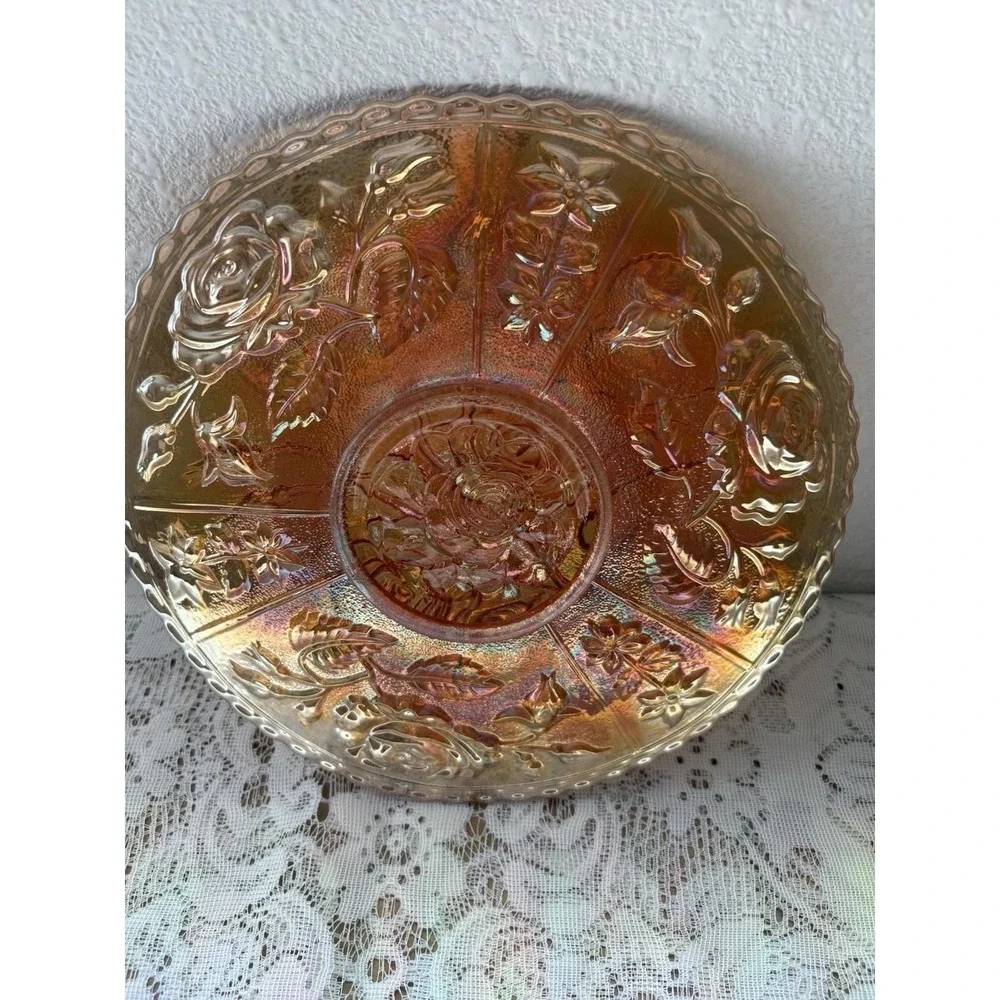 Vintage Carnival Glass Marigold Rose Bowl Iridescent Floral Serving Bowl